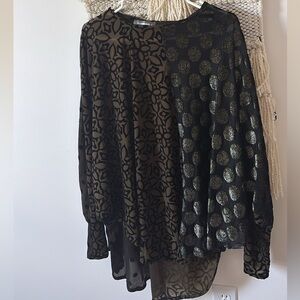 Alembika Long Sleeve Two Tone Loose Velvet Blouse Top Polka Dot Gold Lagenlook